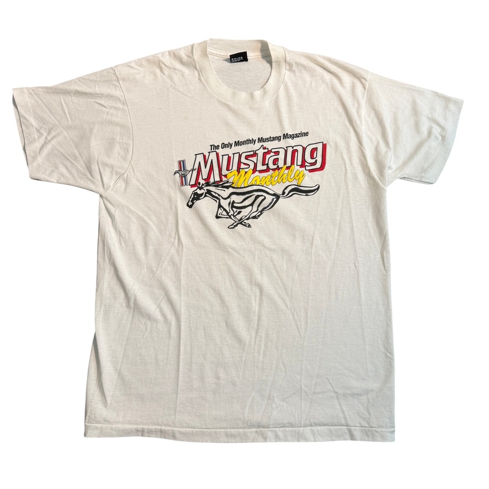 Vintage 90s Ford Mustang Monthly Magazine T-Shirt Screen Stars Best White XL